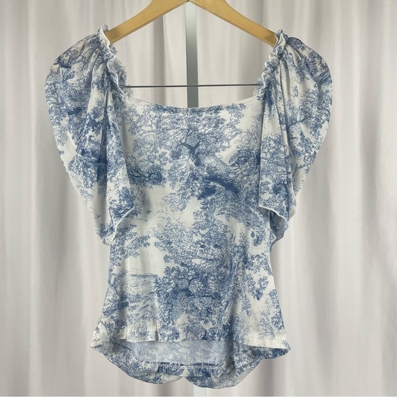 Cottagecore Medium Chic Tree Chinoiserie Art Artsy Print Puff Sleeve Ruched Top - Picture 3 of 5